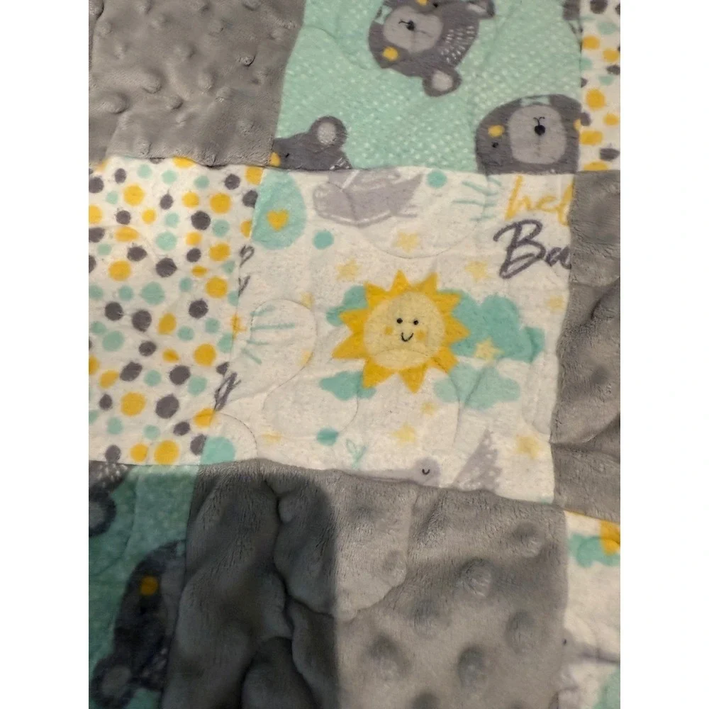 Patchwork Baby Blanket Quilt Squares Bear Lion Sun Nursery Decor Gift 44
